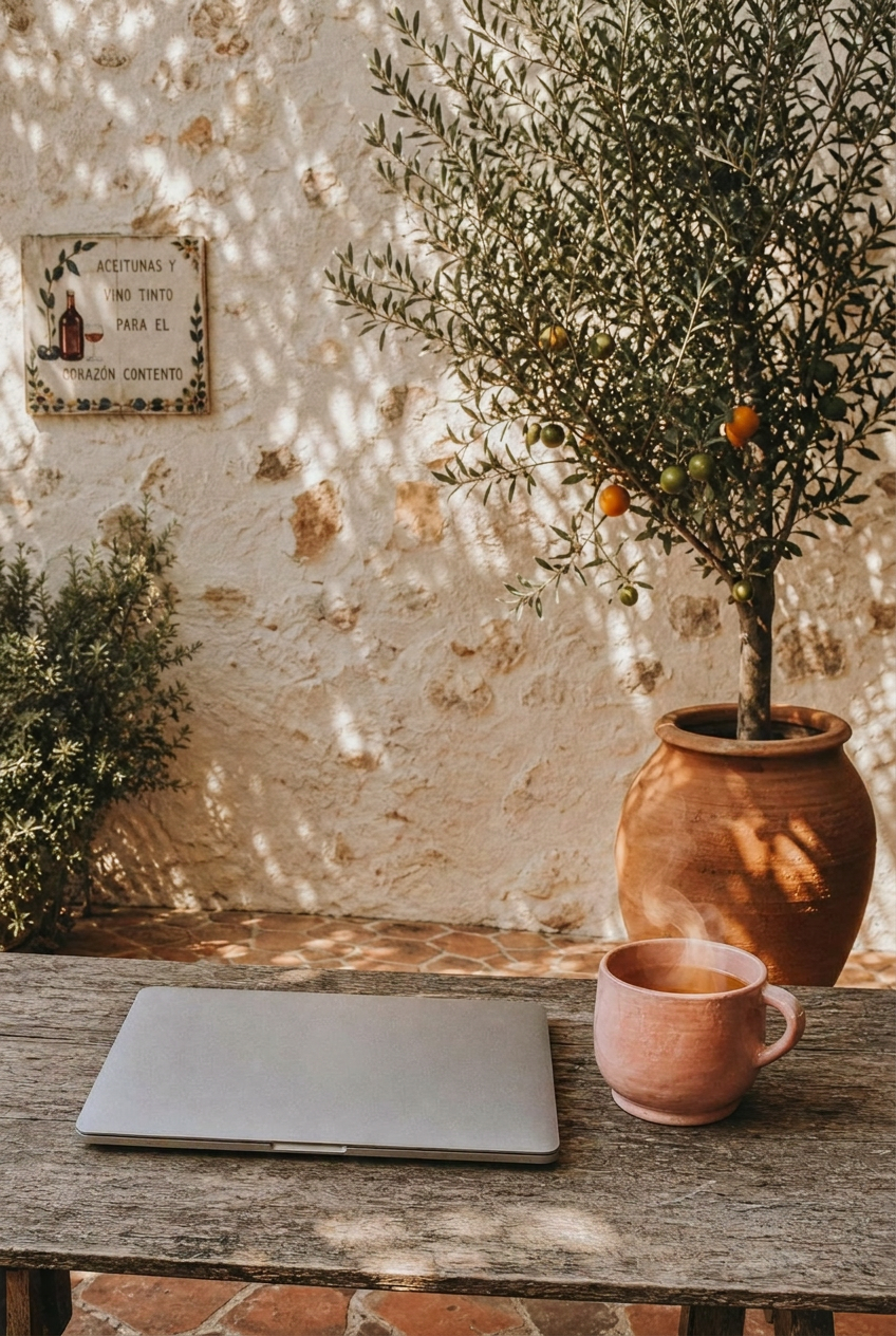 Olivträd i kruka på en terrass i Málaga